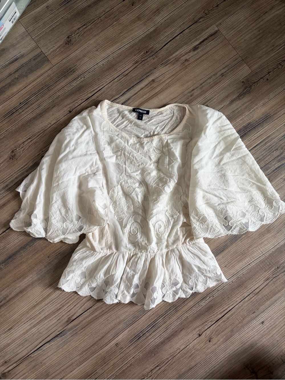 Express Ivory Cream Embroidered Peplum Top with Flutter Sleeves